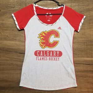 Adidas NHL Calgary Flames Womans Size S V-Neck T Shirt White Red Hockey